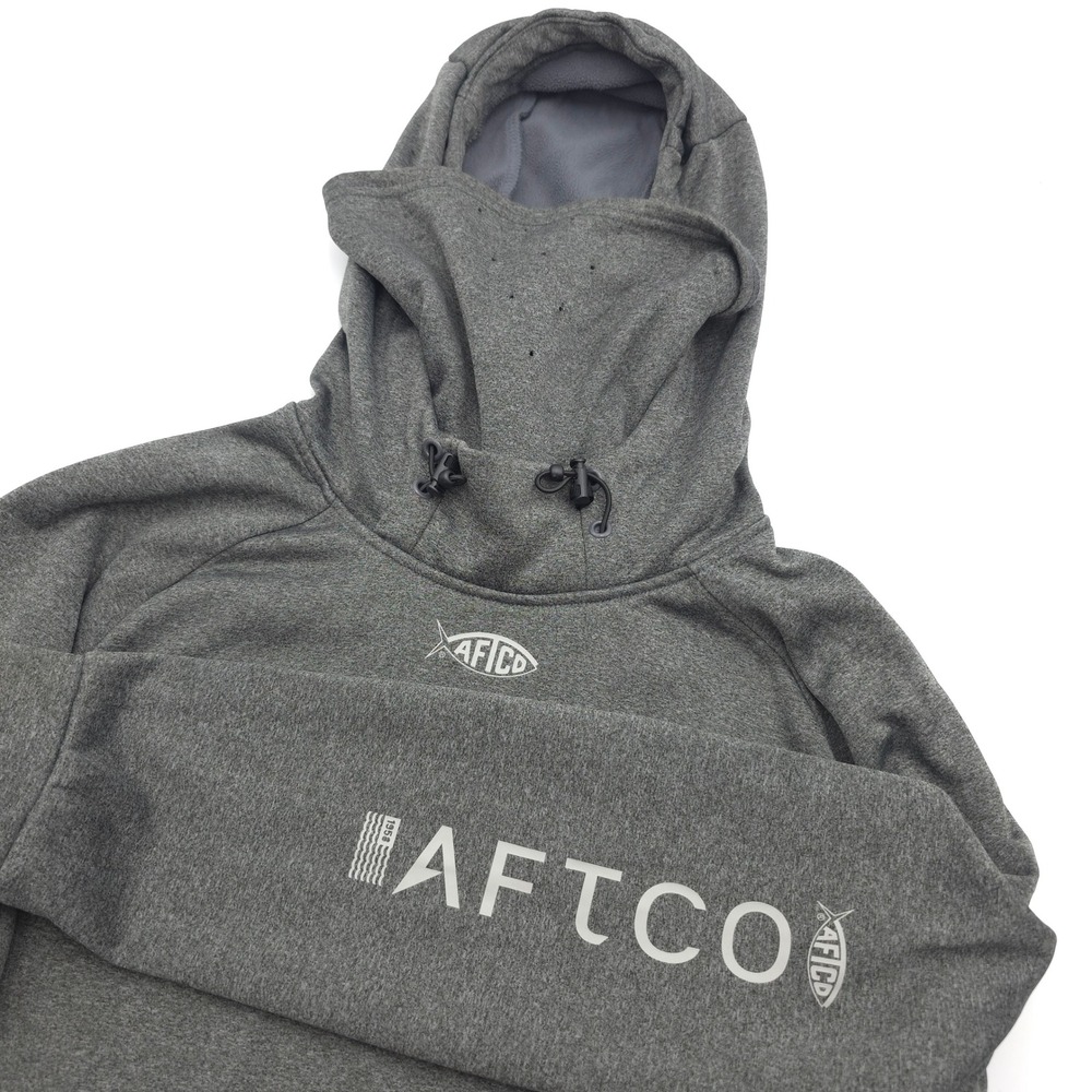 AFTCO Reaper Technical Fishing Hoodie Mens M Gray Mask Neck Warmer Sweatshirt